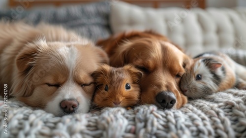 Fluffy cat, dog and guinea pig lie hugging