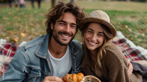 Happy beautiful young couple eating croissant while sitting on the grass on t...