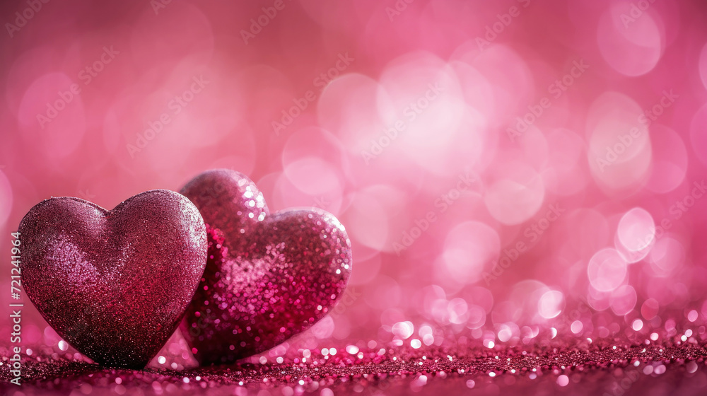 Obraz premium Two sparkling glitter hearts on blurred pink background. Valentine's day. Copy space. Romantic concept. Generative AI.