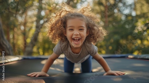Fototapeta Naklejka Na Ścianę i Meble -  Joyful curly girl jumping on a trampoline in the park
