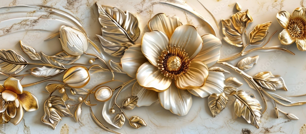 Print 3D ceramic tiles with a beautiful Italian-style golden flower design for wall decor.
