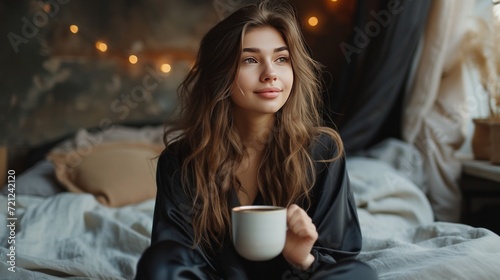 Young pretty woman in black silk pajamas drinks coffee while sitting on the bed