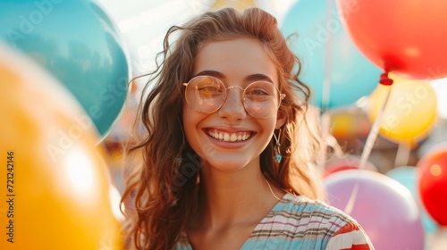 Happy girl with colorful balloons walks through an amusement park