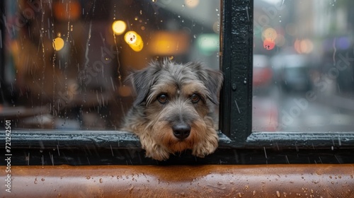 Sad shaggy dog sits alone in a booth in the rain