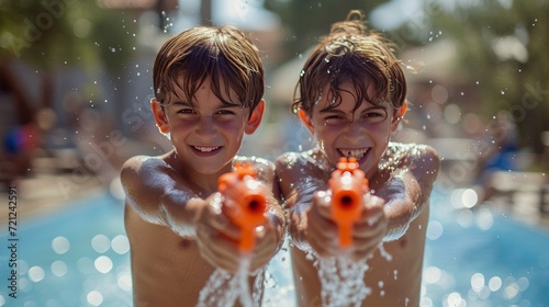 Two boys 10 years old play with water pistols against the backdrop of a summe...