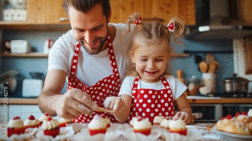 Dad and daughter preparing cupcakes in a modern kitchen wearing red polka dot...