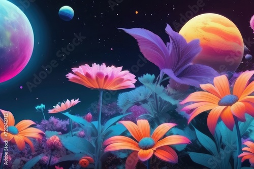 A colorful illustration of a field with flowers and plants in space stars and planet style of tripping psychedelic, neon colors glow .

