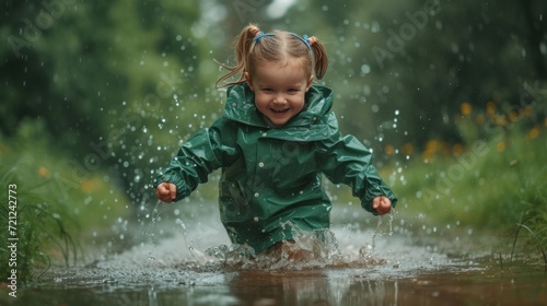 portrait of a little girl in a green raincoat runs through puddles in the rain