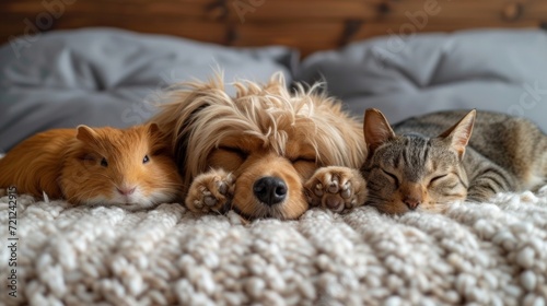 Fluffy cat, dog and guinea pig lie hugging © olegganko