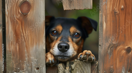 Curious dog with soulful eyes peeking through a hole in a weathered wooden fence.