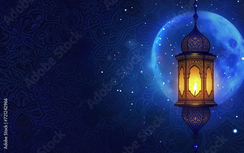 islamic eid festival greeting background ramadan lamp and moon with mandala background