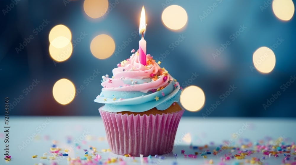 Celebratory birthday cupcake on table with soft light background - sweet and tempting dessert image