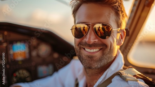 Young smiling pilot in sunglasses sitting at the helm of an airplane © olegganko
