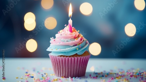 Celebratory birthday cupcake on table with soft light background - sweet and tempting dessert image © touseef