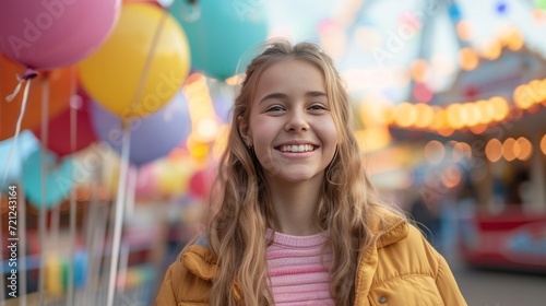 Happy girl with colorful balloons walks through an amusement park