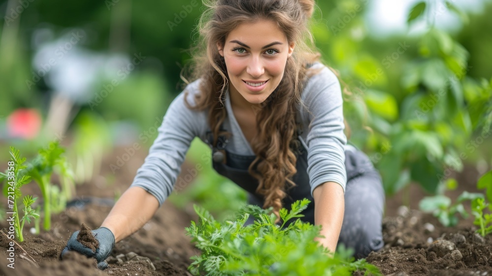 Young beautiful woman. Gardener plants carrots in a garden bed