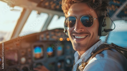 Young smiling pilot in sunglasses sitting at the helm of an airplane