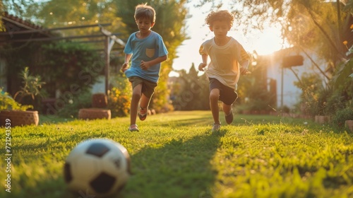 Two Spanish boys 10 years old play football in the summer garden