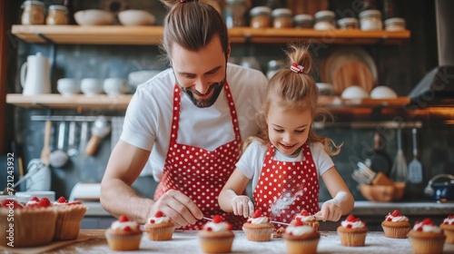 Dad and daughter preparing cupcakes in a modern kitchen wearing red polka dot...