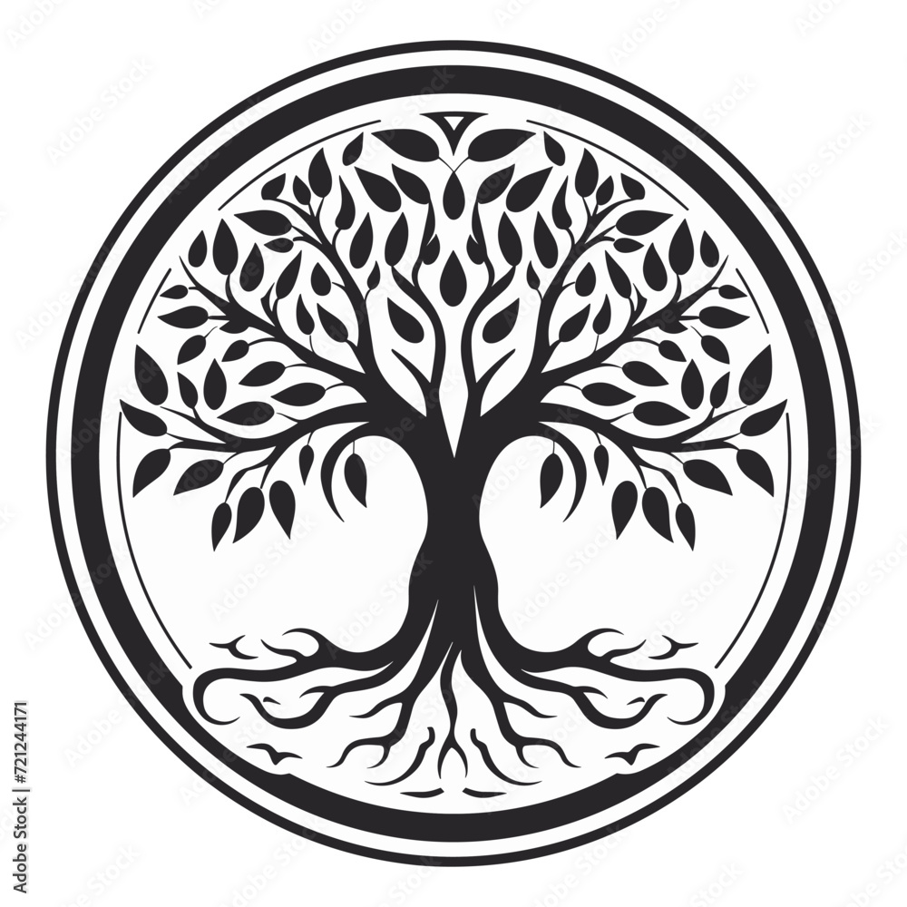 black and white logo of a tree with roots in a circle black and white logo of a tree with roots in a circle
