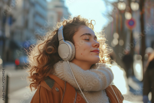 woman listening to her music while in the middle of a street