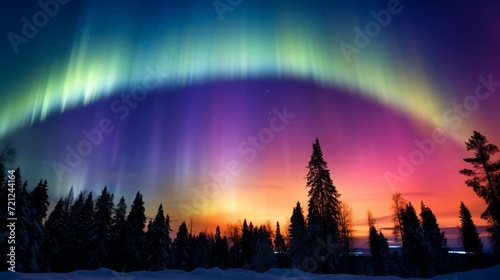 The aurora in the night sky has a colorful and beautiful rainbow color  and there is a thick forest below.