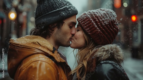 man and woman kissing in the urban setting