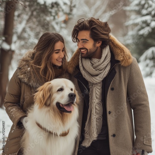 happy beautiful young couple walking with a big shaggy dog in the park in winter