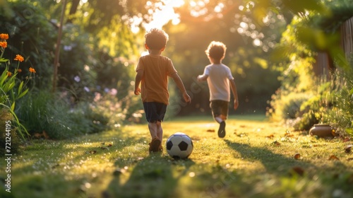 Two Spanish boys 10 years old play football in the summer garden photo