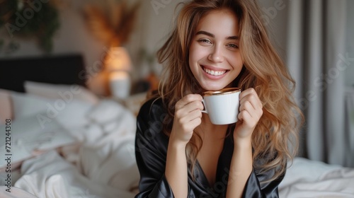 Young pretty woman in black silk pajamas drinks coffee while sitting on the bed