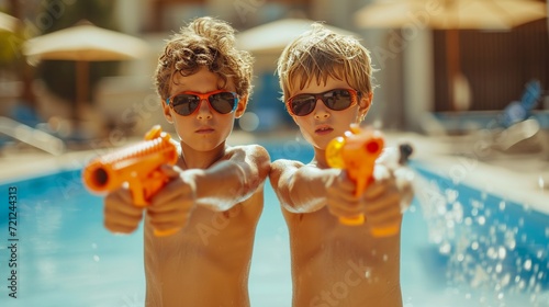 Two boys 10 years old play with water pistols against the backdrop of a summe...