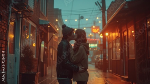 people kissing in an alley next to street with vintage shops