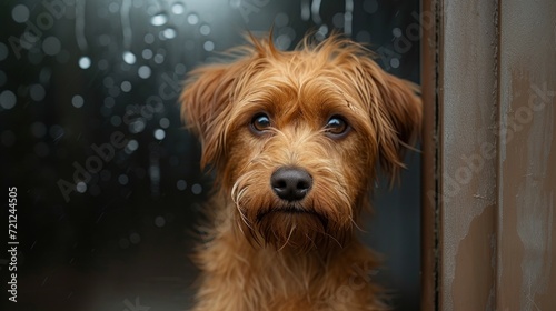 Sad shaggy dog sits alone in a booth in the rain