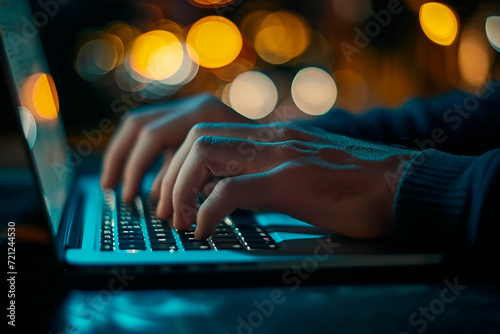 person typing in his laptop computer at night