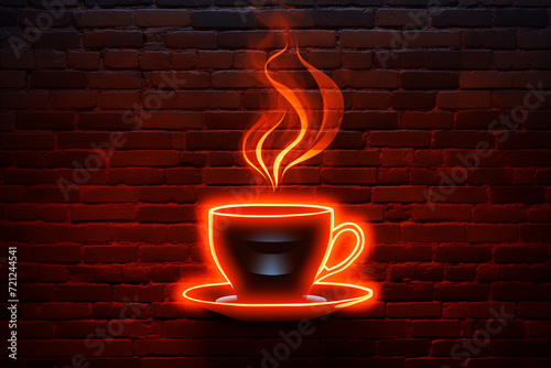 Neon glowing icon of hot coffee cup on a red brick wall background. Poster  Flyer  Banner  Postcard  Invitation