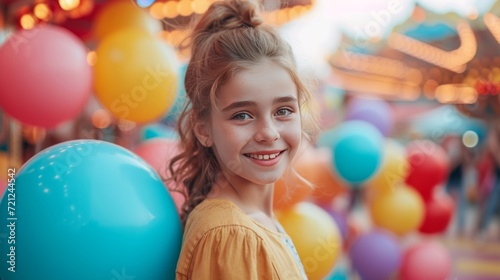 Happy girl with colorful balloons walks through an amusement park