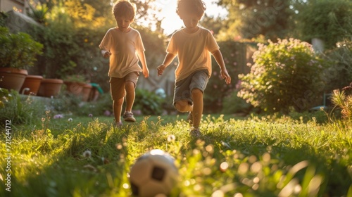 Two Spanish boys 10 years old play football in the summer garden