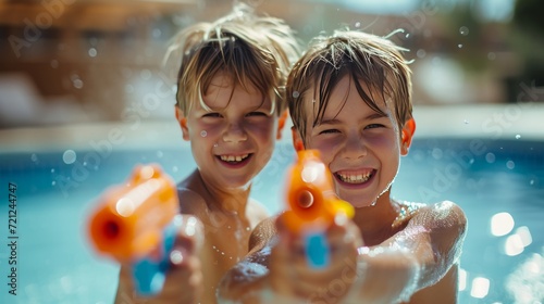 Two boys 10 years old play with water pistols against the backdrop of a summe...