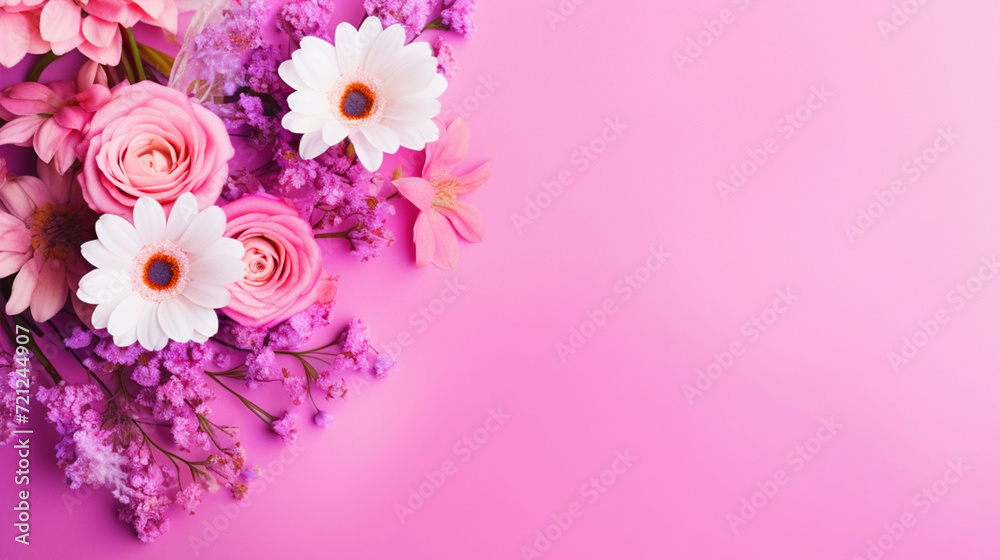 Colorful flowers on isolated purple background with copy text space - ai generative
