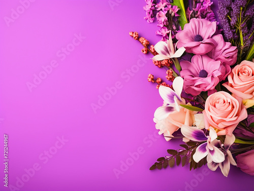 Colorful flowers on isolated purple background with copy text space - ai generative