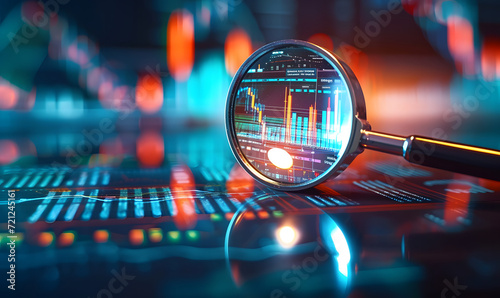 Analyzing business data with graphs and charts for finance management and investment research. A magnifying glass hovers over financial diagrams, symbolizing monitoring and analysis.