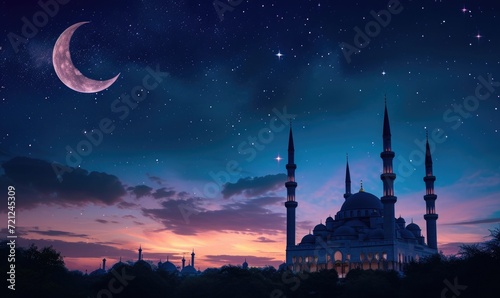 A mosque in the night with a moon and stars in the background 