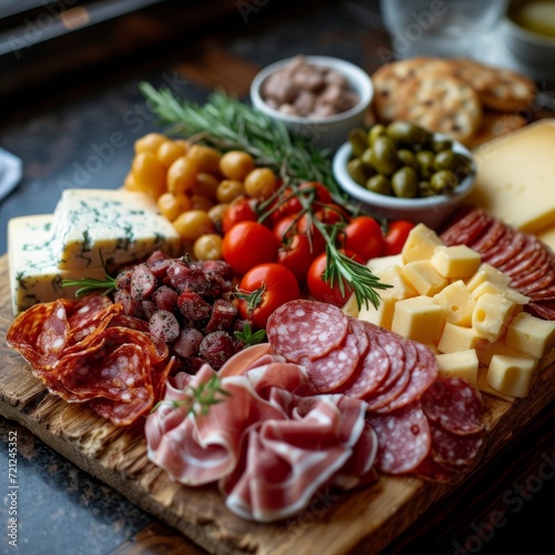 Cheese and Charcuterie Board, An appetizing spread of assorted cheeses, cured meats, and accompaniments on a wooden board