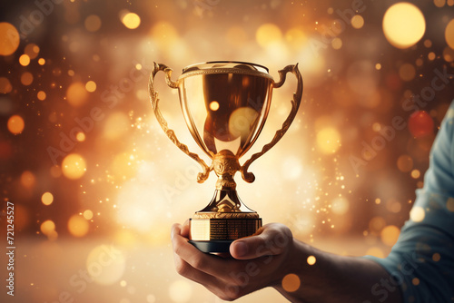 Man holding up a gold trophy cup with abstract shiny background, copy space for text
