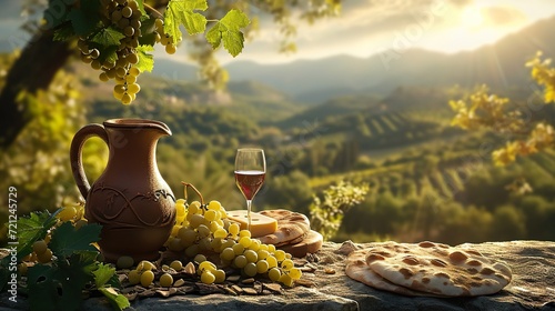 A clay jug of wine, glass of red wine, cheese, pita and grapevine against a mountainous landscape. Still life. Generated AI