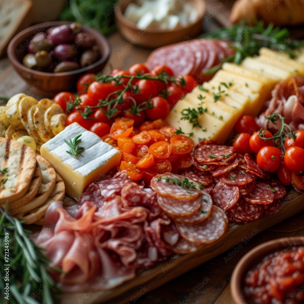 Cheese and Charcuterie Board, An appetizing spread of assorted cheeses, cured meats, and accompaniments on a wooden board Cheese and Charcuterie Board, An appetizing spread of assorted cheeses, cured meats, and accompaniments on a wooden board