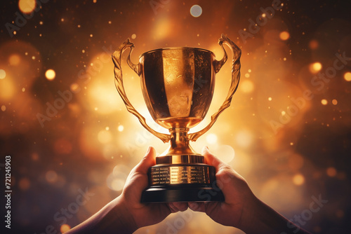 Man holding up a gold trophy cup with abstract shiny background, copy space for text