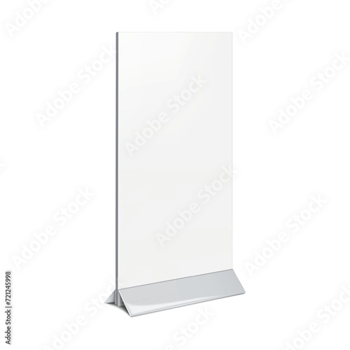 Countertop promotional banner stand realistic mockup. Table counter promo graphic holder vector mock-up. Blank white tradeshow display template