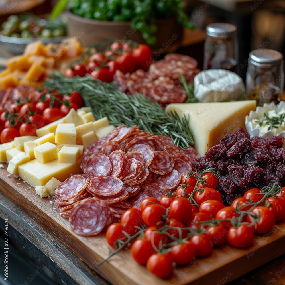 Cheese and Charcuterie Board, An appetizing spread of assorted cheeses, cured meats, and accompaniments on a wooden board