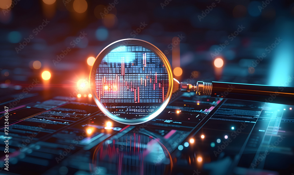 Analyzing business data with graphs and charts for finance management and investment research. A magnifying glass hovers over financial diagrams, symbolizing monitoring and analysis. Analyzing business data with graphs and charts for finance management and investment research. A magnifying glass hovers over financial diagrams, symbolizing monitoring and analysis.